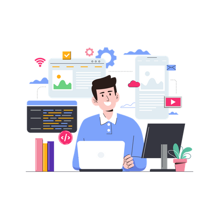 Web Development 1 male web developer doing research on development illustration download in svg png gif file formats thinking researching and pack design illustrations 4759504 Web Development Vatsin Technology Solutions